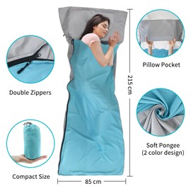 NewDoar Sleeping Bag Liner, 215 x 85 cm, Portable Lightweight Travel Sheet with Pillow Slot, Ultralight Soft Camping Sleeping Bag Insert, Pongee Fabric for Camping, Hiking, Backpacking, Hotels,