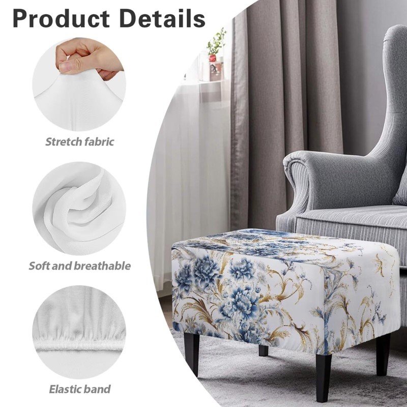 Cugasmaru Blue Flower Ottoman Cover Rectangular Stretch Footrest Stool Cover