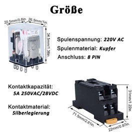 Electromagnetic Relay 220 V AC 5 A Coil Power Relay 8 Pins 2NO 2NC HH52PL MY2 Changer with Indicator Light with Socket for DIN Rail Suitable for DIN Rail Relay DIN Rail Socket