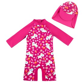 upandfast Baby Swim Costume with Sun Hat, UPF 50+ Swimwear for Baby, Rose Red