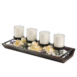 J JACKCUBE DESIGN Votive Candle Holder Center Piece for Table Decoration, 4 Glass Votive Cups On Rustic Wood Base, Tray for Wedding, Decoration, Dining Table with Metal Handles - MK538A