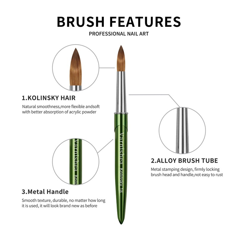 Kolinsky Hair Acrylic Nail Brush Green Metal Handle Professional Manicure