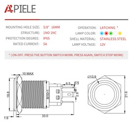 APIELE 16mm Latching 12V Push Button Switch On Off Stainless Steel with LED Angel Eye Head for 0.63" Mounting Hole with Wire Socket Plug Self-Locking (White)