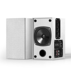 Elimavi 30W X 2 Powered Bookshelf Speakers - 3.5-RCA Input for Turntable, TV, PC, Record Player Speakers with 4 Inch Woofer & Wall Mounted, White