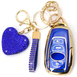 Key Fob Cover with Diamond Keychain Car Key Holder Compatible with Subaru Forester Outback BRZ Legacy CrossTrek Smart Remote Key Protector for Women, 4 Buttons (Blue-Heart)