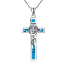 YFN Sterling Silver Turquoise Crucifix St. Benedict Medals Pendant Necklace - Crucifix Jesus Jewelry for Women & Men