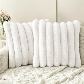 HAUSSY Faux Fur Throw Pillow Covers 18x18 Inch Set of 2,Decorative Striped Neutral Pillow Cases Soft Plush Couch Pillow Covers,Home Decor for Sofa,Bed, Living Room,Cream White