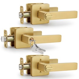 Moquin Brushed Gold 3 Pack Wholesale Entry Door Lever with Keys (Keyed-Not-Alike), Square Gold Keyed Interior/Exterior Door Lever with Lock, Satin Brass Finish Handle for Front/Entrance Door Lock