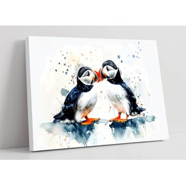 Watercolor cute puffin couple in love 2 Canvas Wall Art Picture Print - 12 inch wide x 8 inch high (Frame Depth 30mm)