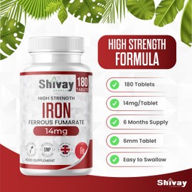 Iron 14mg Tablets | 180 Vegan Tablets - 6 Month Supply | High Strength Ferrous Fumarate Supplement | for Tiredness & Fatigue | Made in The UK by Shivay Herbals