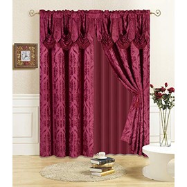 All American Collection New 4 Piece Drape Set with Attached Valance and Sheer with 2 Tie Backs Included (96" Length, Burgundy)