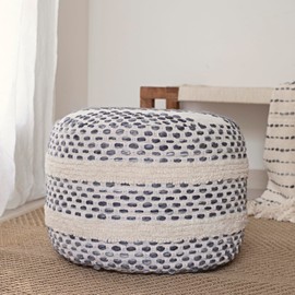 L.R. Resources, Inc Tate Woven Ombre Striped Farmhouse Handmade Cotton Blend Indoor Pouf Ottoman | Navy, 18" D x 18" W x 14" H