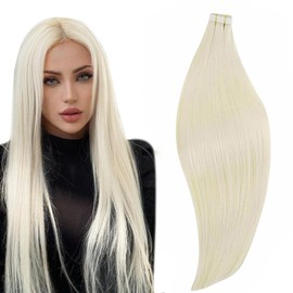 RUNATURE 30 Inch Blonde Hair Tape in Extensions Straight Tape in Hair Extensions Human Hair #60 Platinum Blonde Skin Weft Glue in Hair Extensions Silky PU Invisible Tape in Hair Extensions 50g 20pcs