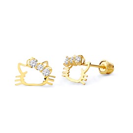 Wellingsale 14K Yellow Gold Polished Kitty Cat With Bowtie Stud Earrings With Screw Back