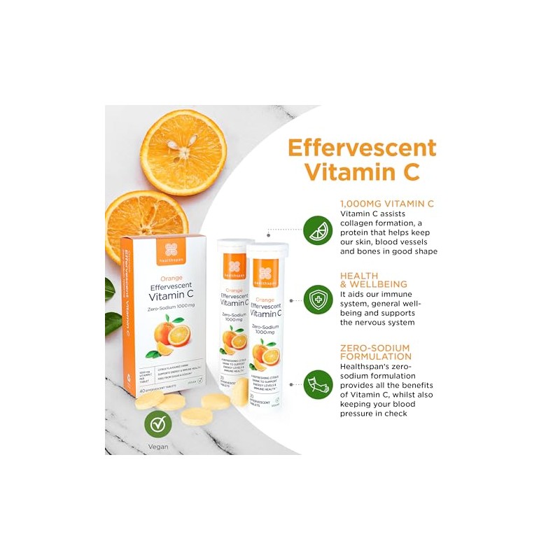 Healthspan Orange Effervescent Vitamin C 1,000mg (40 Tablets) | Supports