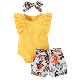 Baby Girl Clothes Infant Summer Outfits Set Ruffle Sleeve Romper Floral Pants 3PCS Bodysuit +Shorts +Headband (Yellow, 6-12 Months)