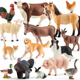 15 Pcs Farm Animal Toy for Toddler Kid, Plastic Toy Farm Animal Figure Set Playset Including Cow Horse Goat Sheep Pig Donkey Goose Duck Turkey Chicken Dog Cat Rabbit for Kid Age 3-5 5-7