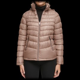 Kenneth Cole Short Zip Hooded Puffer (Tan, Large)