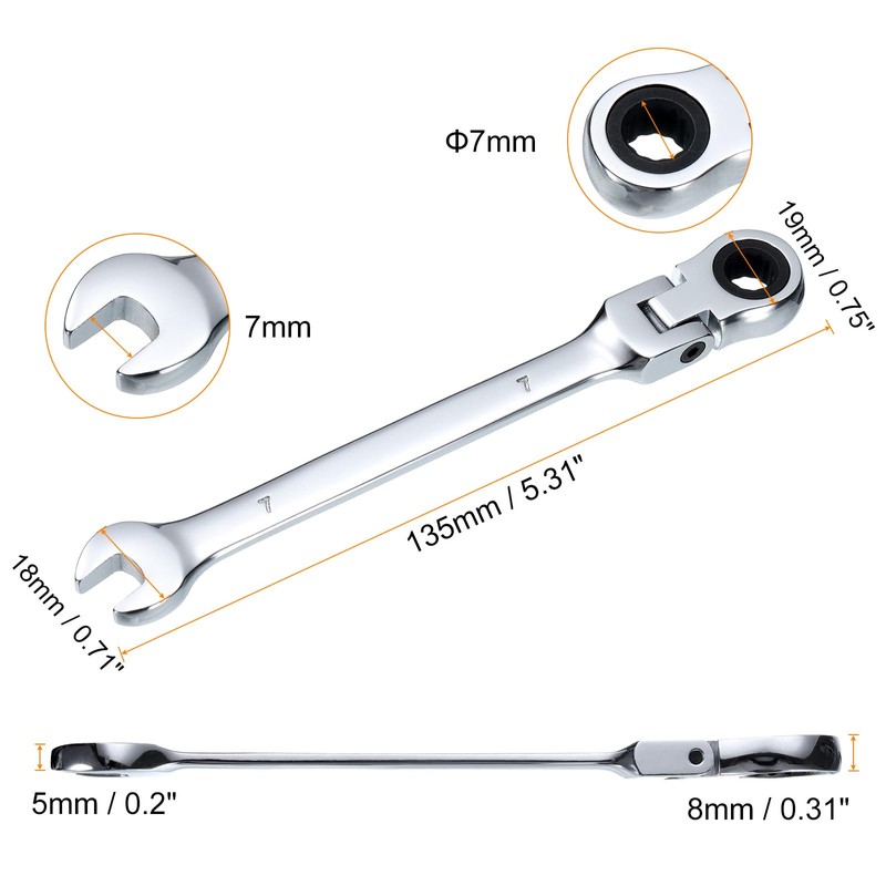 sourcing map Flex-Head Ratcheting Wrench 7mm 180° Rotating Head Metric