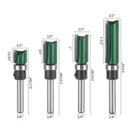 Pattern Flush Trim Bit 4 Pcs Router Bits，Top Bearing Flush Trim Bits Set，1/4 Inch Shank ,Cutting Length 15/32", 3/4", 1", 1-1/2"，Template Guide Woodworking Milling Cutter Tool