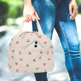 Xunteny Corduroy Lunch Box for Women Girls, Insulated Lunch Bag Reusable Cooler Tote Bags for Work Picnic School Travel (Beige Corduroy Cherry)