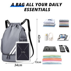 Drawstring Backpack Sports Gym Bag with Shoes Compartment, Waterproof Draw String Back Bag for Men Women, Grey, 16.93*13.39*5.91inch, Casual