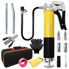 YATOINTO 15 Pcs Versatile Grease Gun Kit,7000 PSI Leak-Proof Spray Grease Gun with 14oz Capacity,18" Spring Hose,Double Handle Nozzle,Coupler,Teflon Tape and Other Accessories,Yellow