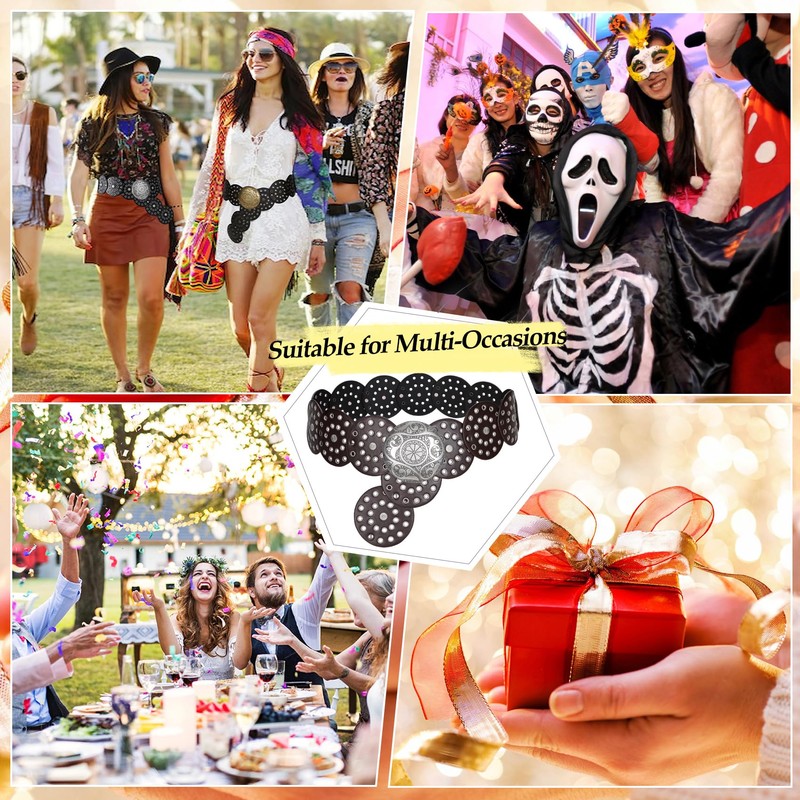 LEACOOLKEY Women Wide Concho Leather Belts Western Disc Waist Belts