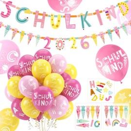 School Decoration Girls Set, Garland School Child & Sugar Bag Banner, 24 Pieces School Balloons & 28 Scatter Decoration, First Day of School Decoration for First Day of School, Pink