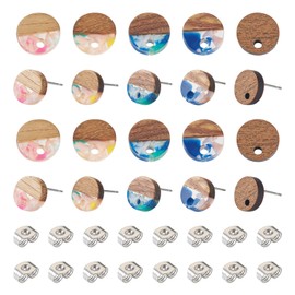 PandaHall 30 Pieces Resin Wood Stud Earrings, 10mm Flat Round Wooden Stud Earrings, Earring Pin with Nuts for Pierced Dangle Earrings Jewelry Making