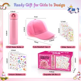 Gifts for Girls Decorate Your Own Water Bottle Baseball Cap with Tons of Unicorn Stickers and Glitter Gems,Fun Arts and Crafts for Kids Unicorn Birthday Gift for Girls Age 6 7 8 9 10 11 12