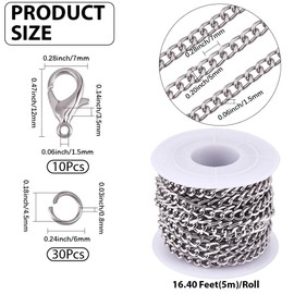 BEAMARKER 16.4ft Aluminum Curb Chains 5mm Wide Metal Craft Chain Link Spool with 10 Lobster Clasps and 30 Jump Rings Unwelded for Clothes Jewelry Making Necklace Bracelet DIY Findings (Silver)