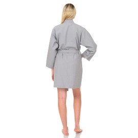 TowelSelections Women’s Short Spa Robe Waffle Weave Kimono Bathrobe Small Harbor Mist Gray