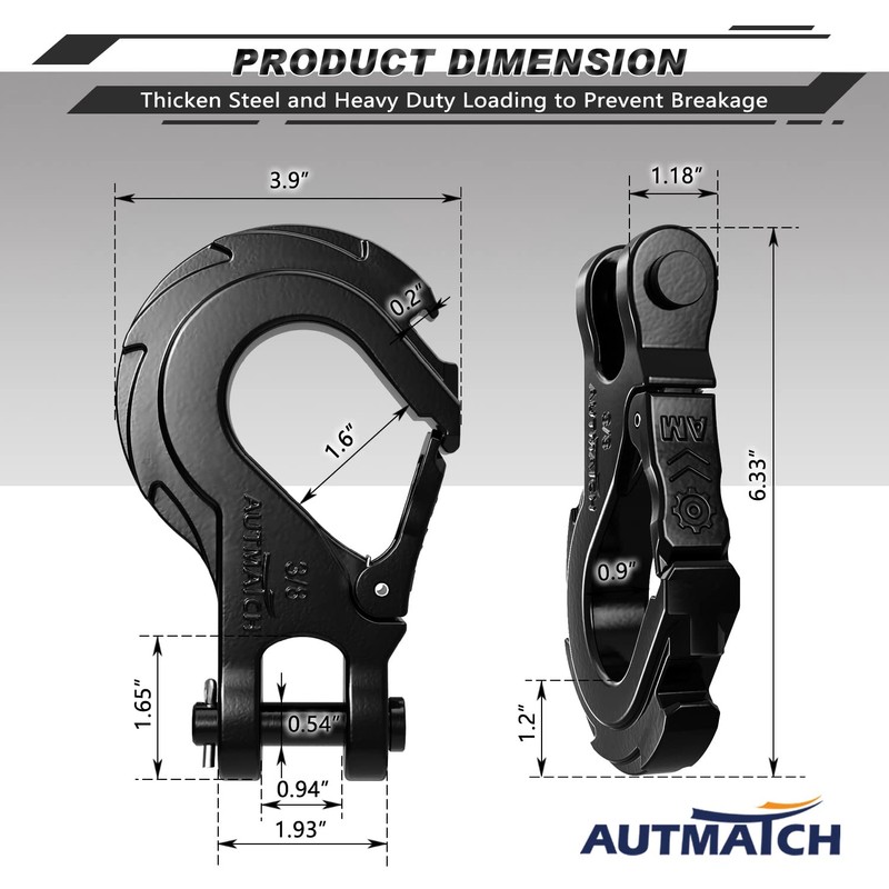 AUTMATCH Winch Hook 3/8" - Clevis Slip Hook with Safety