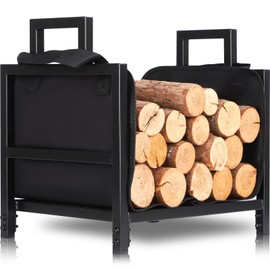 FEED GARDEN Firewood Rack Outdoor Indoor with Canvas Log Carrier, 17.7 Inch Heavy Duty Steel Wood Holder for Fireplace, Compact Wood Rack for Firewood Storage, Black