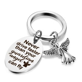 Hotop Sweet Guardian Angel Keychain New Driver Key Ring Gift Never Drive Faster Than Your Angel Can Fly Keychain Charm for Women Girls
