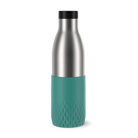 Emsa N31112 Bludrop Sleeve Drinking Bottle, 0.7 Litres, 100% Leak-Proof, Quick-Press Closure, Ergonomic 360° Drinking Enjoyment, 12 Hours Warm, 24 Hours, Dishwasher Safe Stainless Steel, Petrol