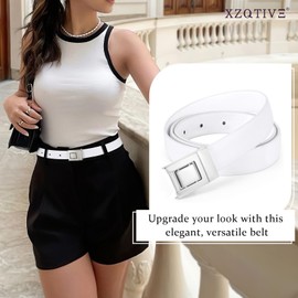 XZQTIVE Women's Leather Belt Elegant Ladies Thin Waist Belt for Dresses Jeans Pants with Shiny Buckle, White(silverbuckle), Fit Waist Size 48"-53"