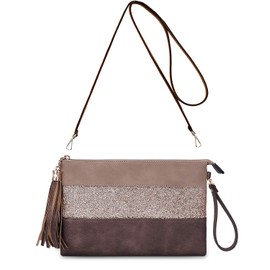 CRAZYCHIC - Women's Glitter Clutch Bag - Ladies Messenger Strass Crossbody Bag Soft PU Faux Leather Tassel - Multicolor Stripe Pochette - Shoulder Small Fashion Handbag Purse Bag - Coffee