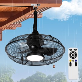 Fanliving Outdoor Black Ceiling Fans with Light for Patio, 20 Inch Plug in Ceiling Fan Pull Chain&Remote Control, IP65 Waterproof Gazebo Fan, 3CCT, Caged Ceiling Fan with 3 Hooks for Porch Pergola