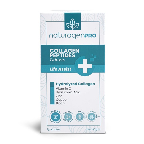 Naturagen Per Collagen Peptide Tablets - 90 Tablets - 3000 mg Hydrolysed Collagen - 30 Day Use - Type 1 and 3 - With Vitamin C, Hyaluronic Acid, Zinc, Copper, Biotin - Sugar Free and Gluten Free