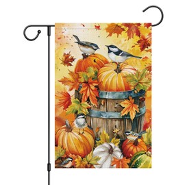 Louise Maelys Fall Thanksgiving Garden Flag with Pumpkins and Birds 12x18 Inch Small Burlap Autumn Yard Harvest Decor Outdoor Outise House Flags (Only Flag)