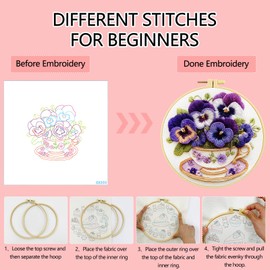Zhenqing Pansy Embroidery Kit for Beginners, Pre-Printed 29x29cm Cotton Fabric with 20cm Hoop, Elegant Floral Cup Design(C0203)