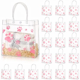 Teling 20 Packs Dog Paw Clear PVC Gift Bags with Handle Reusable Plastic Wrap Tote Bags Transparent Goodie Bags for Puppy Pet Treat Party Favor Birthday Party Wedding, 8 x 8 x 3.15 In(Pink)