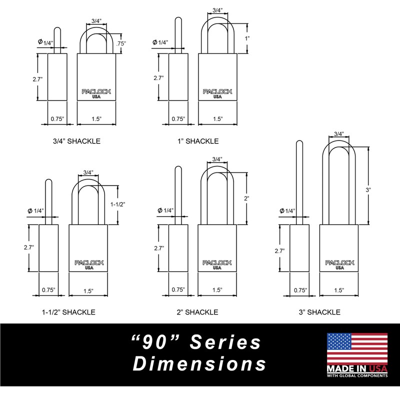 PACLOCK's 90A-Series Padlock, 1-3/16" Tall Hardened Steel Shackle, High Performance