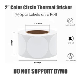 Hybsk 2 inch Circle Color Direct Thermal Stickers Shipping Labels for Barcodes,Name Tag,DIY Logo Design,QR Code,Inventory– Compatible with Zebra,Rollo and More-750 pcs (2 inch,White)