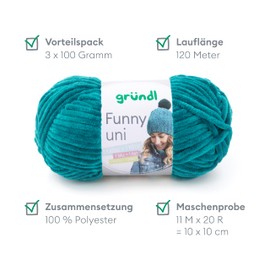Gründl Funny Plain Soft Chenille Wool for Crocheting, Chenille Yarn Made of 100% Polyester, 2 Balls (100 g / 120 m, Needle Size: 5-6), Petrol