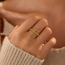 LOVECOM 14K Gold Plated Filled Fidget with Beads Rings for Women S925 Sterling Silver Adjustable Open Anxiety Ring Stress Relief Spinning Rotate Thumb Ring Jewelry Birthday Gifts for Mom, Sterling