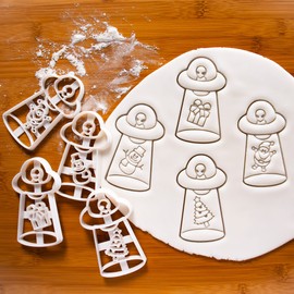 Set of 4 UFO kidnapped Christmas cookie cutters (shapes: Santa, gift, snowman, and Christmas tree), 4 pieces