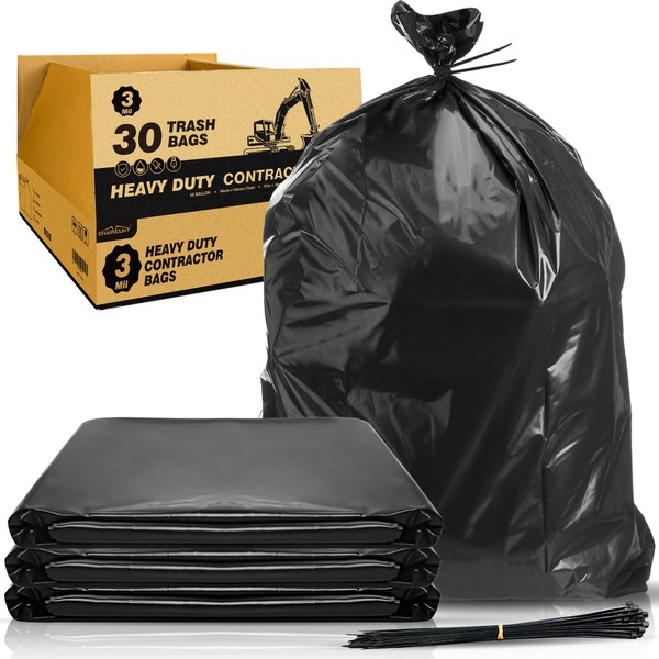 Charmount 55 Gallon Contractor Trash Bags Heavy Duty 3 Mil, 30 Count W/Ties 37"x56", Extra Large Garbage Bags for Industrial Commercial Outdoor Yard Lawn & Leaf Bags,Black